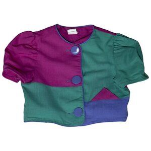 Bryan Girls Top Size 6 Vintage Color Block Metal Button Blouse Short Puff Sleeve